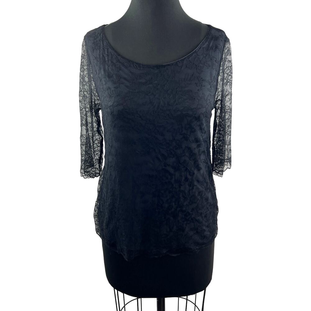 VELVET Black Lace Overlay Top Blouse 3/4 Round Neck Pullover Size M Medium